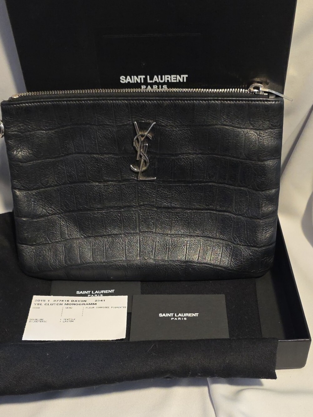 Saint Laurent Black Croc-Embossed Leather Wristlet with Silver YSL Hardware